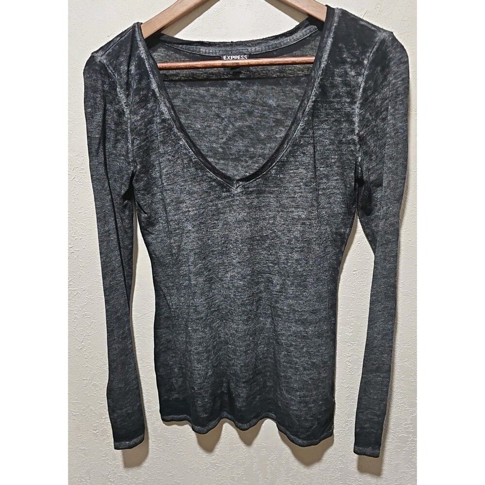 Vtg Express Womens Y2k Long Sleeve Fitted T-Shirt Black M Henley Slub Knit